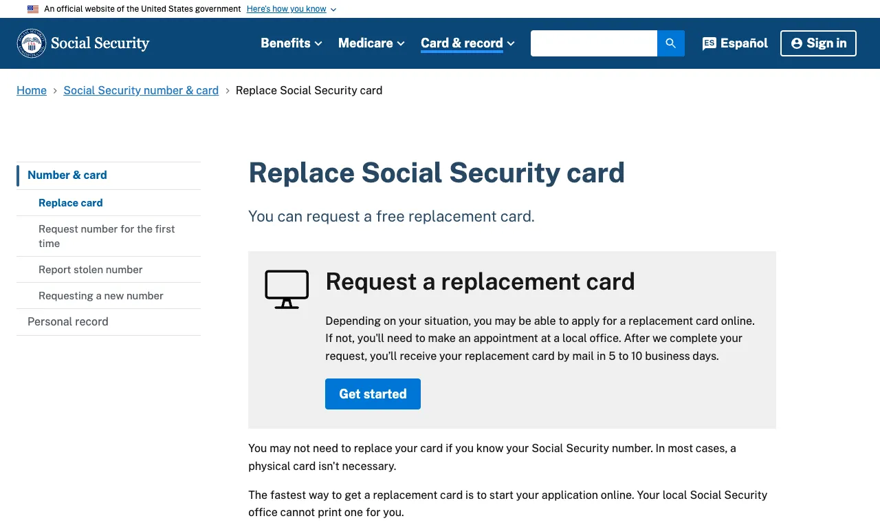 SSA replace Social Security card page with the Get started button