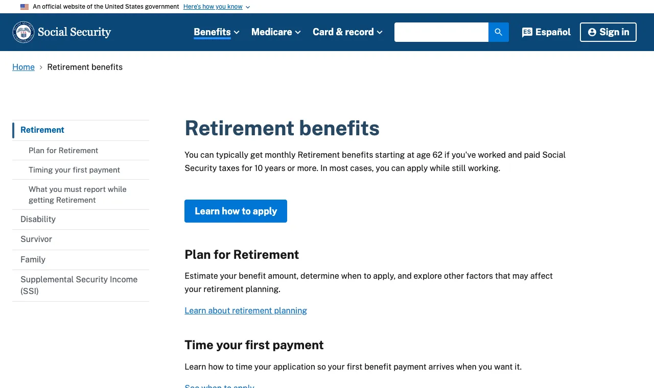 SSA retirement benefits page